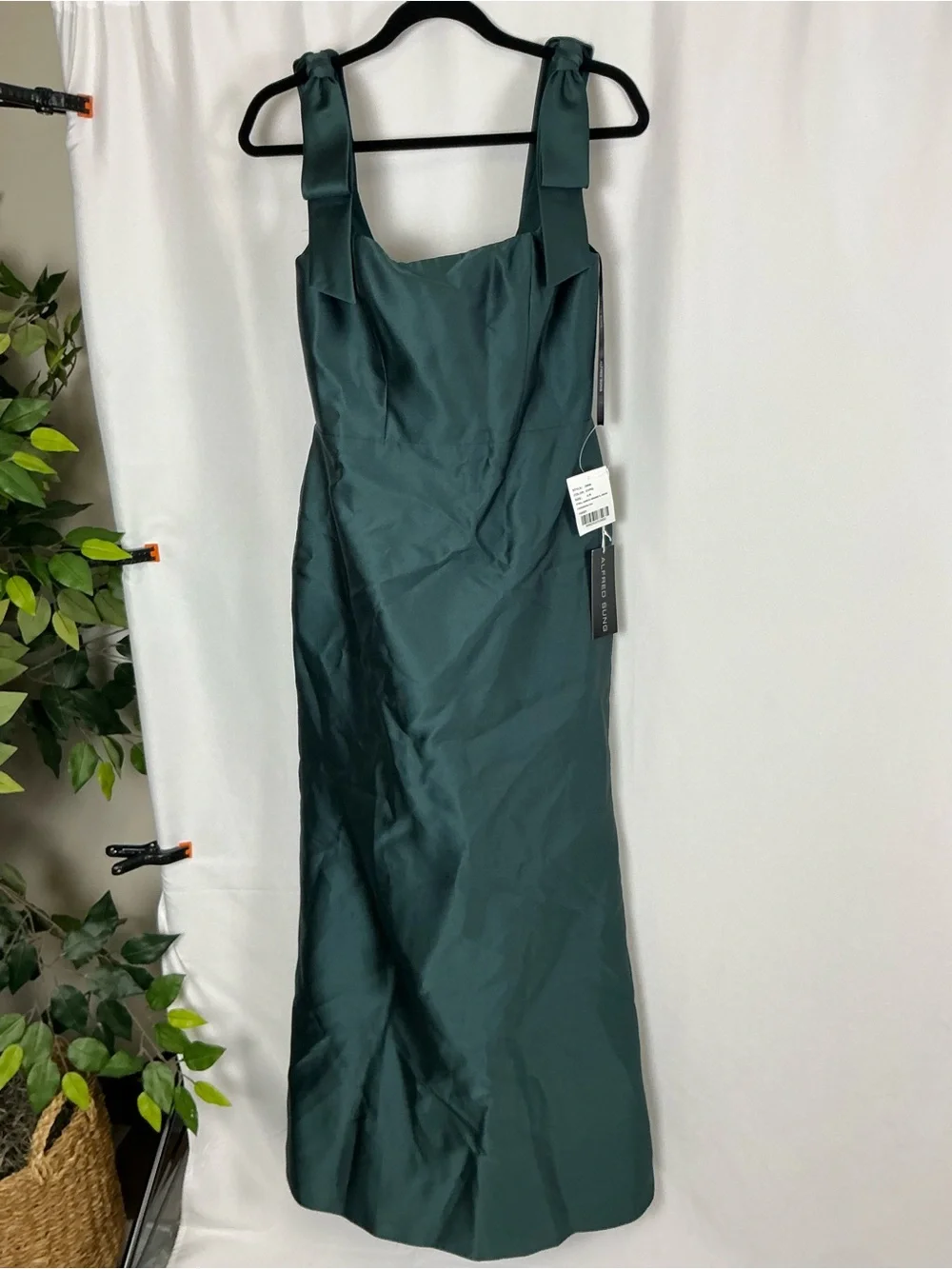 ALFRED SUNG Evergreen Satin Maxi Dress with Bow Shoulder Straps - Picture 2 of 7